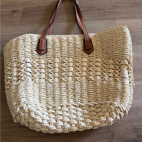 Handbags - Woven Cream Tote Bag with Brown Handles